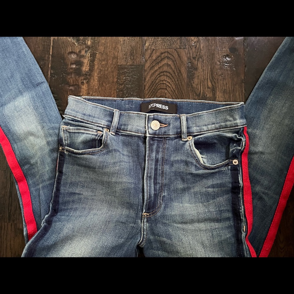Express ankle legging high rise denim with red and navy stripe and rips on knees
